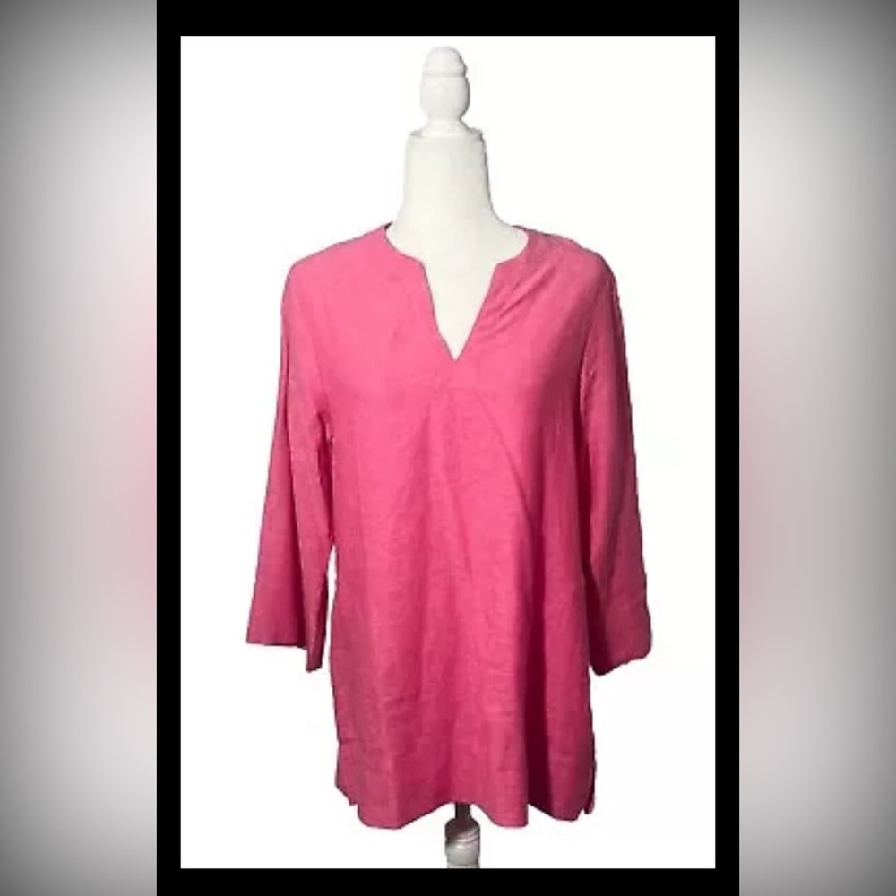 Lands End Notch Neck 3/4 Sleeve Linen Blend Pink Tunic Size Small